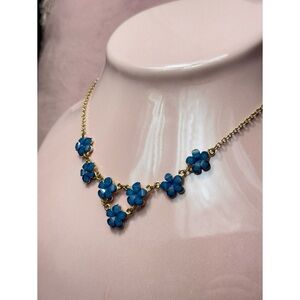 Gold Tone Blue Flower Dainty Floral Statement Pendant Necklace